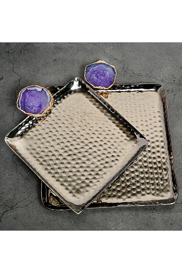 Purple Agate Square Aluminum Tray (Set Of 2) by Home Jewels by Cotton Indya