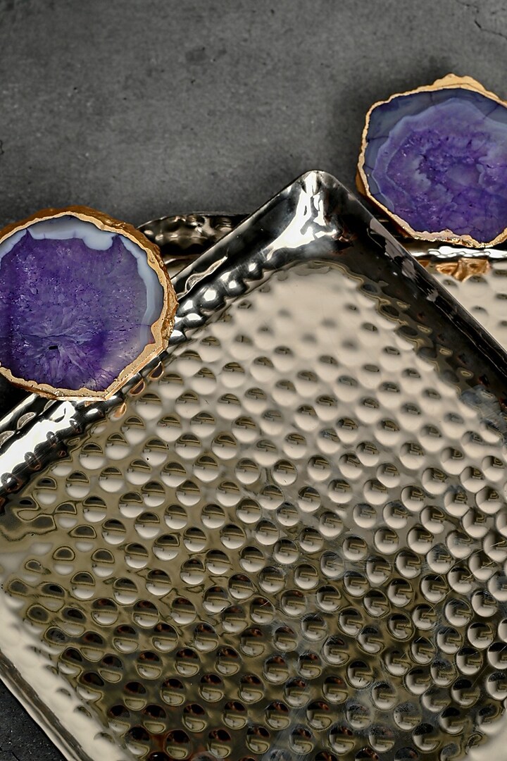 Purple Agate Square Aluminum Tray (Set Of 2) by Home Jewels by Cotton Indya at Pernia's Pop Up Shop
