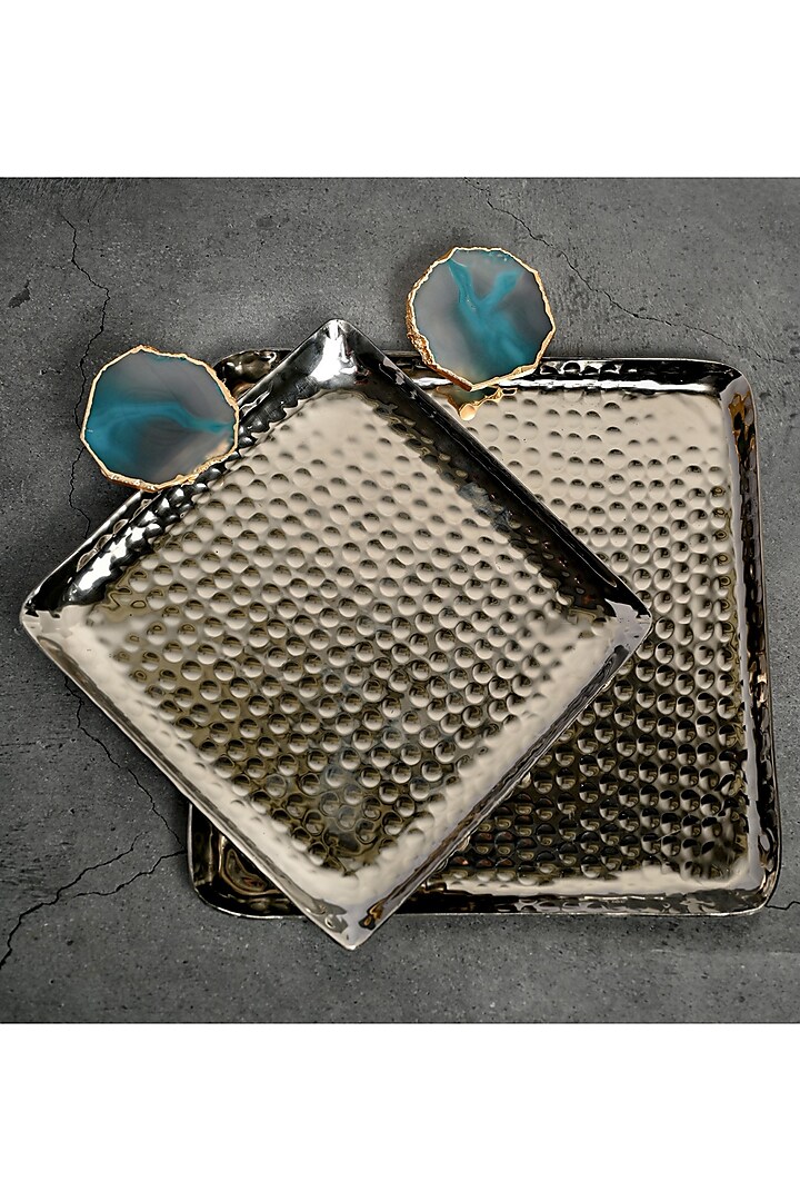 Turquoise Agate Square Aluminum Tray (Set Of 2) by Home Jewels by Cotton Indya