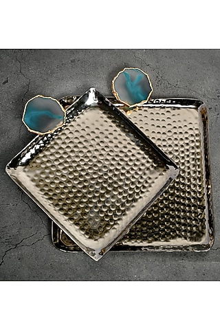 Turquoise Agate Square Aluminum Tray (Set Of 2) by Home Jewels by Cotton Indya