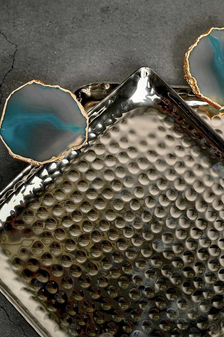 Turquoise Agate Square Aluminum Tray (Set Of 2) by Home Jewels by Cotton Indya at Pernia's Pop Up Shop