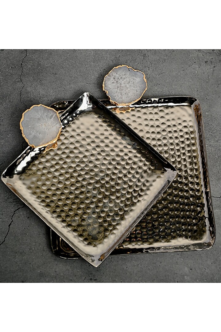 White Agate Square Aluminum Tray (Set Of 2) by Home Jewels by Cotton Indya