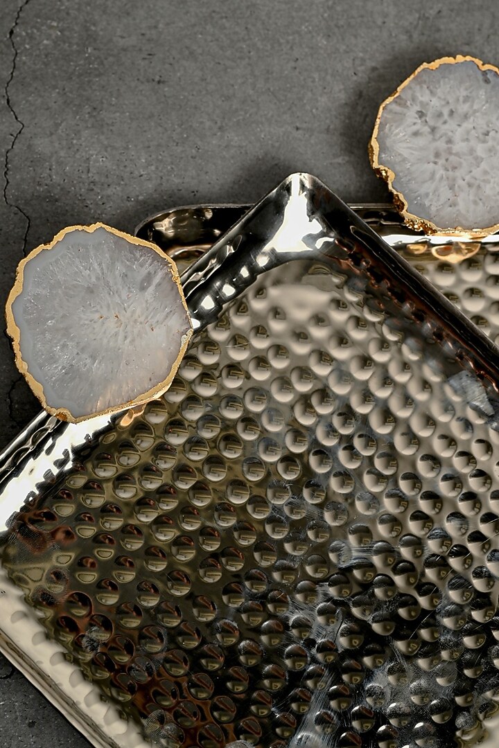White Agate Square Aluminum Tray (Set Of 2) by Home Jewels by Cotton Indya at Pernia's Pop Up Shop
