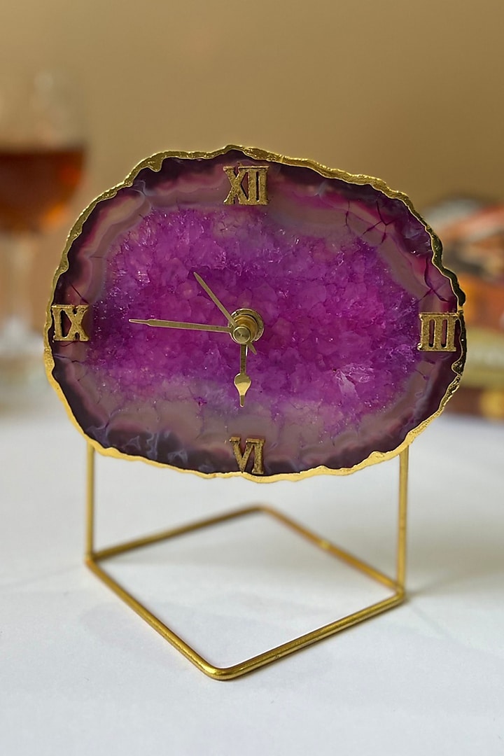 Pink Agate Desk Clock With Metal Stand by Home Jewels by Cotton Indya