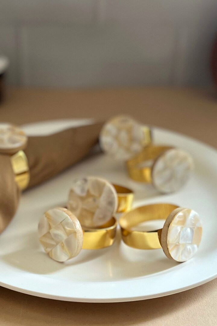 White Mother Of Pearl Round Big Napkin Rings (Set Of 6) by Home Jewels by Cotton Indya at Pernia's Pop Up Shop