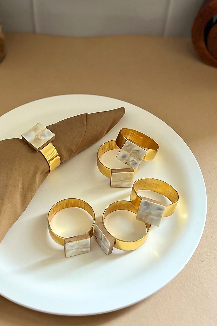 White Mother Of Pearl Square Big Napkin Rings (Set Of 6) by Home Jewels by Cotton Indya