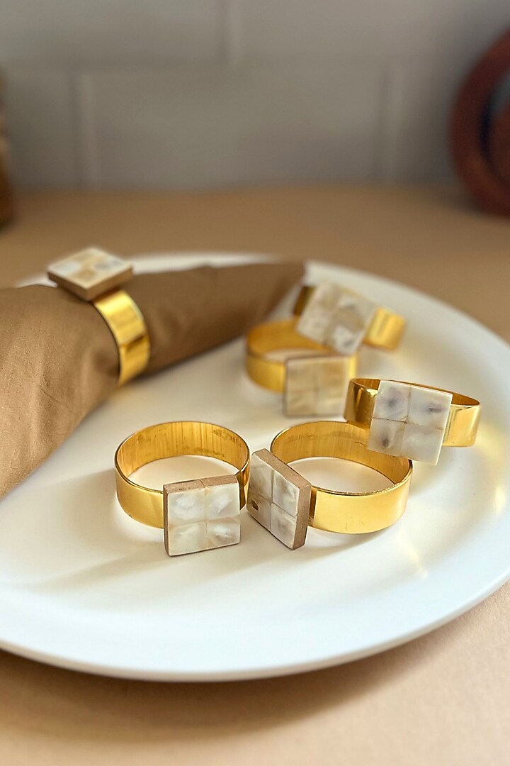 White Mother Of Pearl Square Big Napkin Rings (Set Of 6) by Home Jewels by Cotton Indya at Pernia's Pop Up Shop