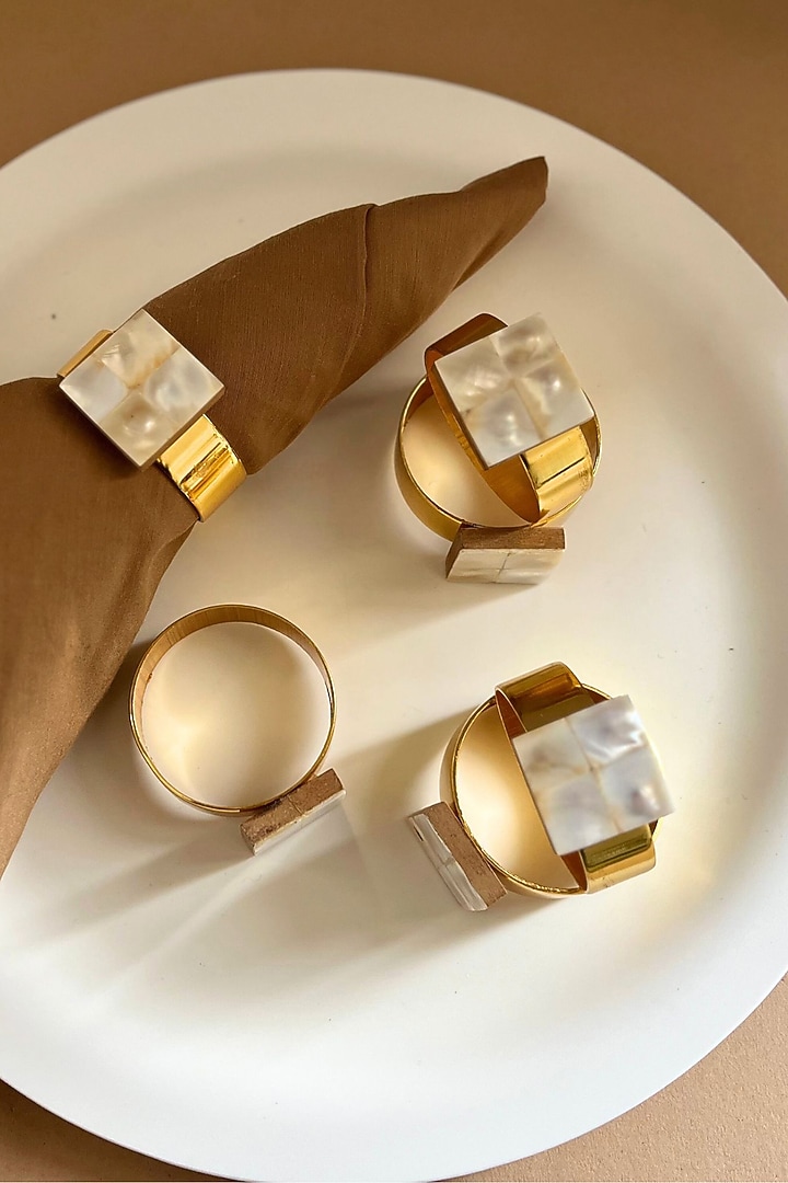White Mother Of Pearl Square Big Napkin Rings (Set Of 6) by Home Jewels by Cotton Indya at Pernia's Pop Up Shop