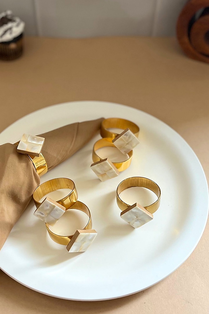 White Mother Of Pearl Diamond-Shaped Napkin Rings (Set Of 6) by Home Jewels by Cotton Indya