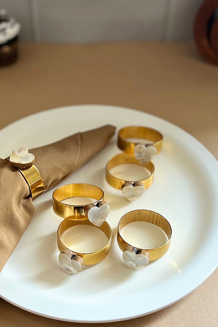 White Mother Of Pearl Heart-Shaped Napkin Rings (Set Of 6) by Home Jewels by Cotton Indya