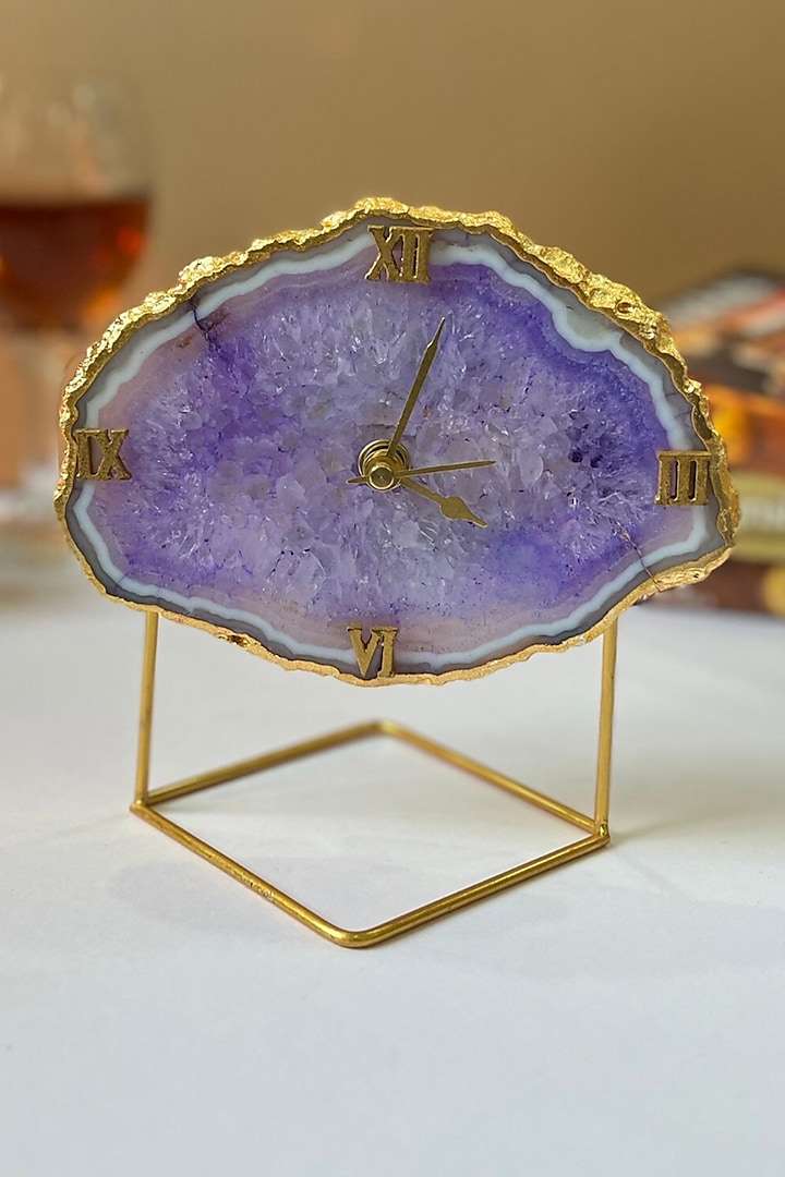 Purple Agate Desk Clock With Metal Stand by Home Jewels by Cotton Indya