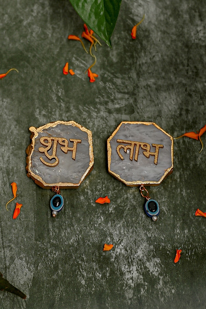 White Agate Shubh Labh Door Hangings (Set of 2) by Home Jewels by Cotton Indya