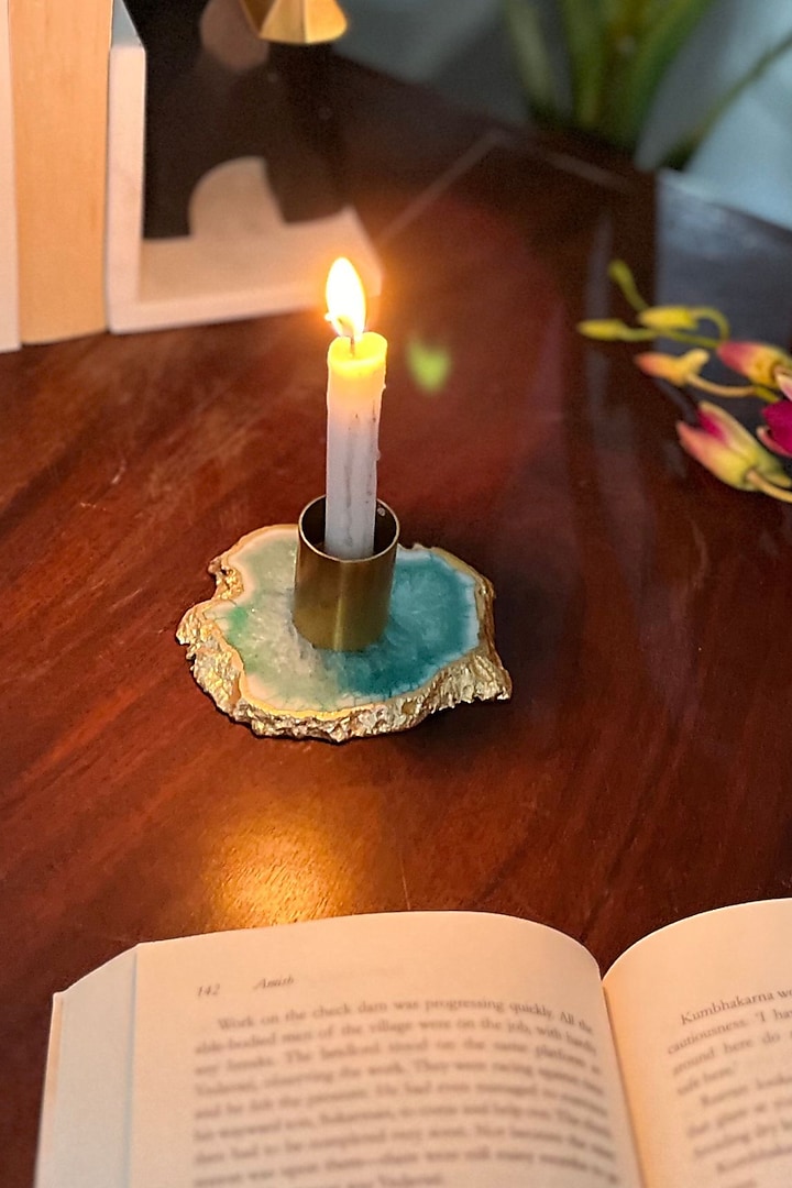 Green Agate Candle Holder by Home Jewels by Cotton Indya