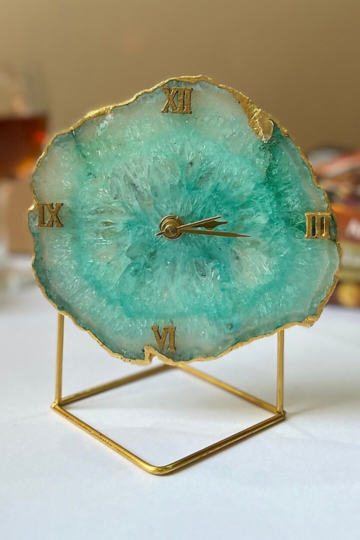 Green Agate Desk Clock With Metal Stand by Home Jewels by Cotton Indya
