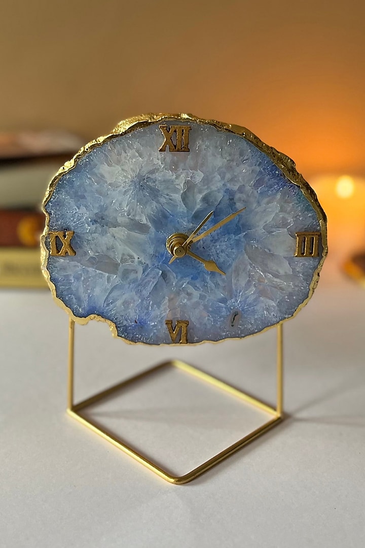 Blue Agate Desk Clock With Metal Stand by Home Jewels by Cotton Indya
