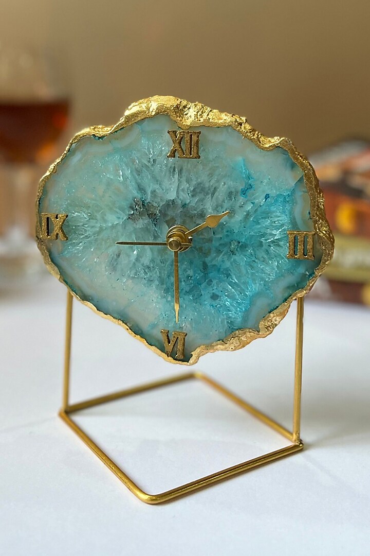 Turquoise Agate Desk Clock With Metal Stand by Home Jewels by Cotton Indya