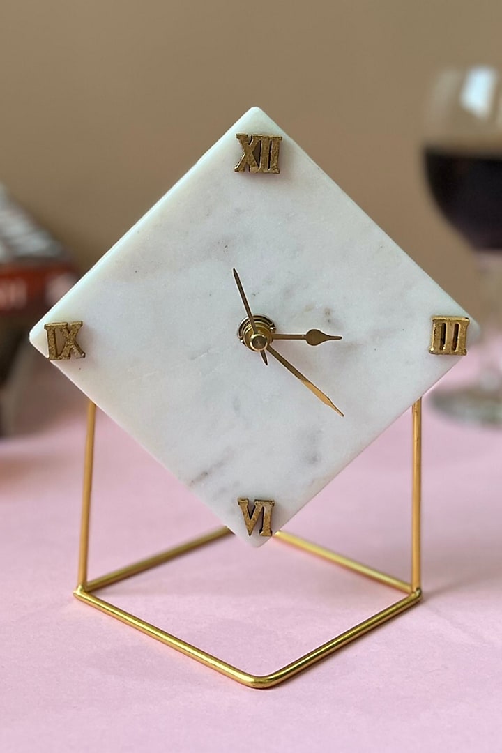 White Marble Diamond Shaped Desk Clock With Metal Stand by Home Jewels by Cotton Indya