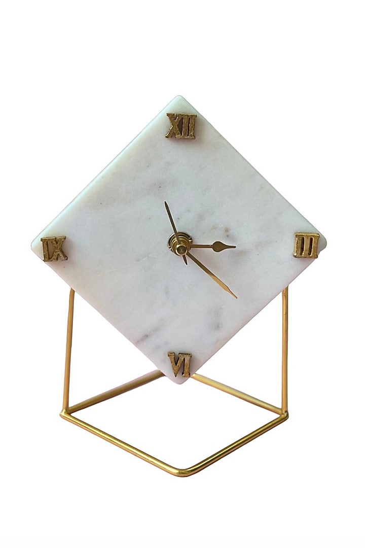 White Marble Diamond Shaped Desk Clock With Metal Stand by Home Jewels by Cotton Indya at Pernia's Pop Up Shop