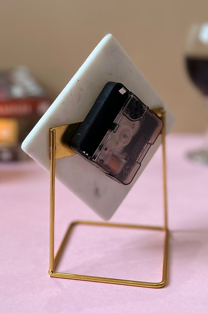 White Marble Diamond Shaped Desk Clock With Metal Stand by Home Jewels by Cotton Indya at Pernia's Pop Up Shop