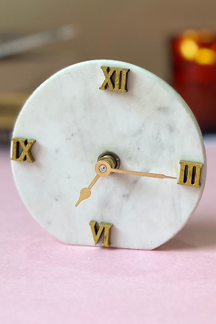 White Marble & Metal Round Desk Clock by Home Jewels by Cotton Indya