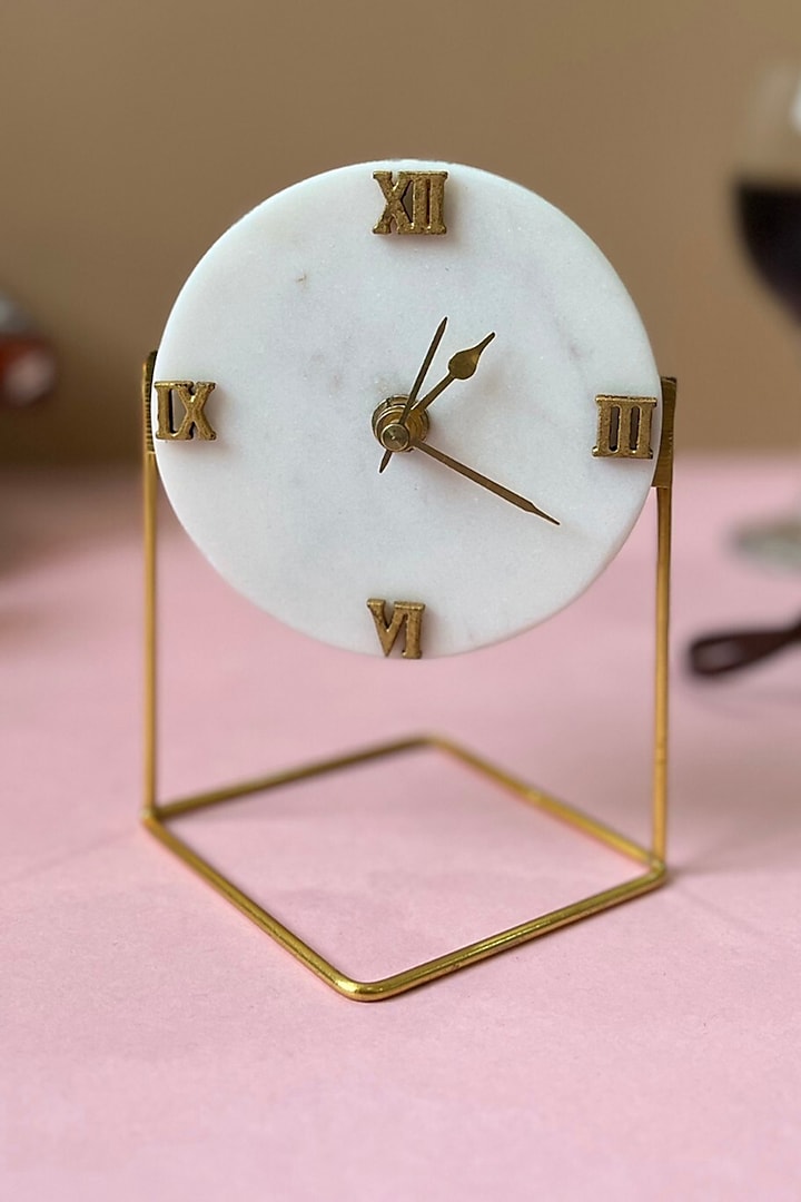 White Marble Desk Round Clock With Metal Stand by Home Jewels by Cotton Indya