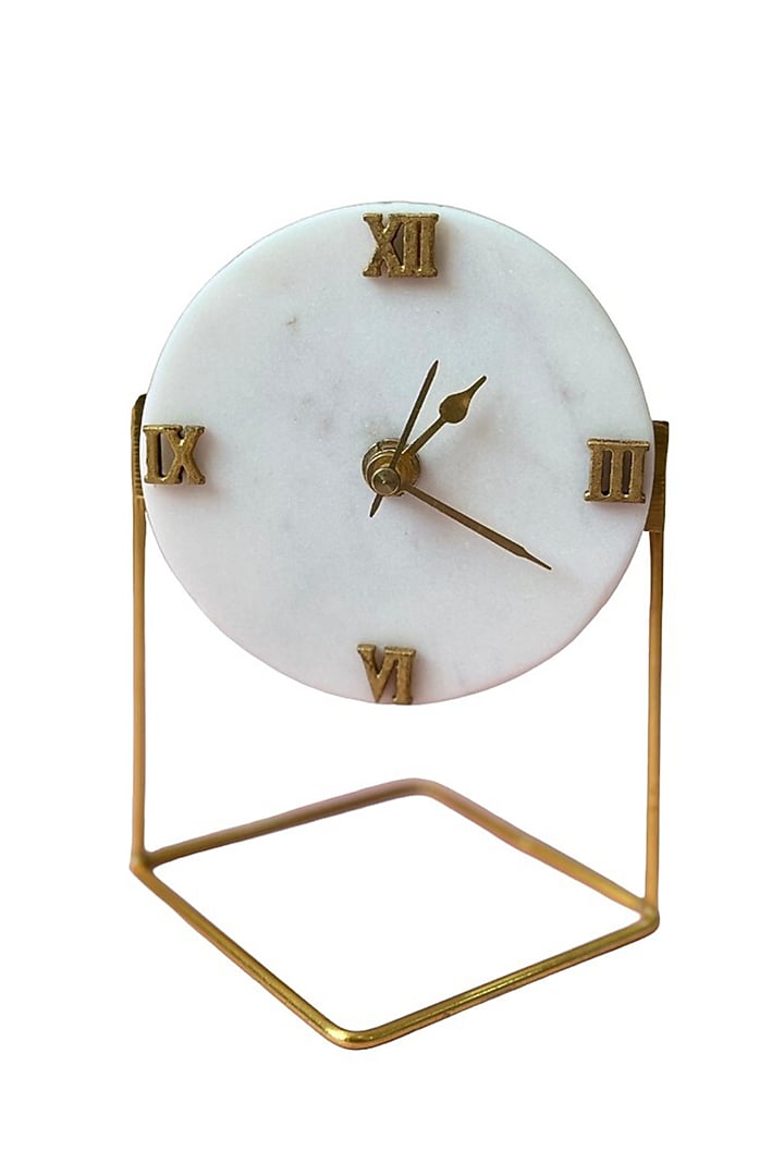 White Marble Desk Round Clock With Metal Stand by Home Jewels by Cotton Indya at Pernia's Pop Up Shop
