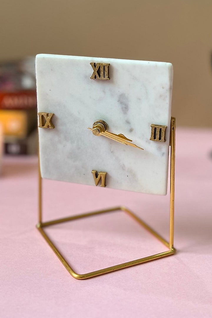 White Marble Square Desk Clock With Metal Stand by Home Jewels by Cotton Indya
