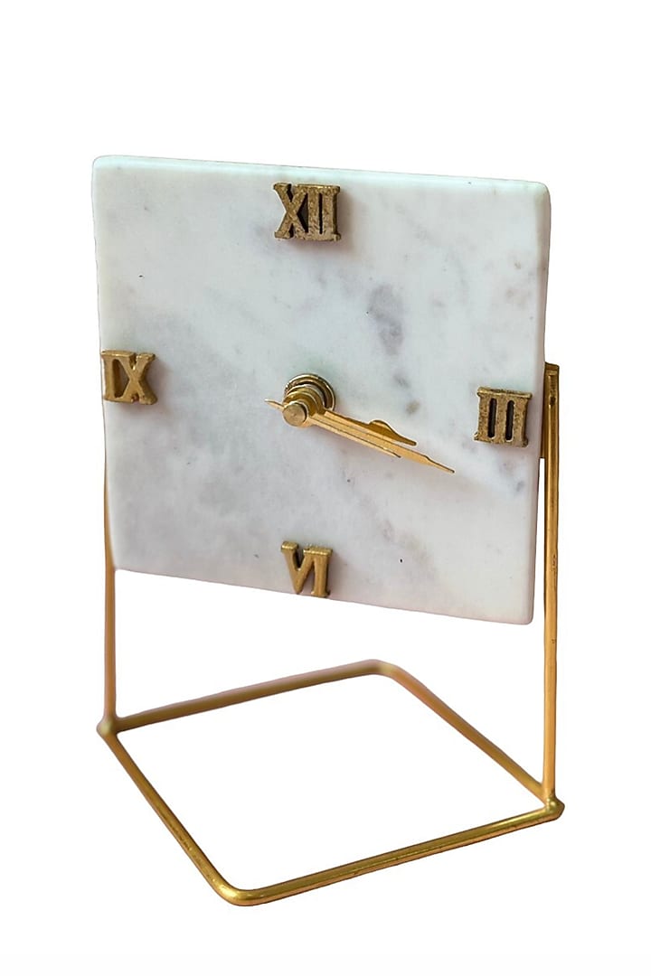 White Marble Square Desk Clock With Metal Stand by Home Jewels by Cotton Indya at Pernia's Pop Up Shop