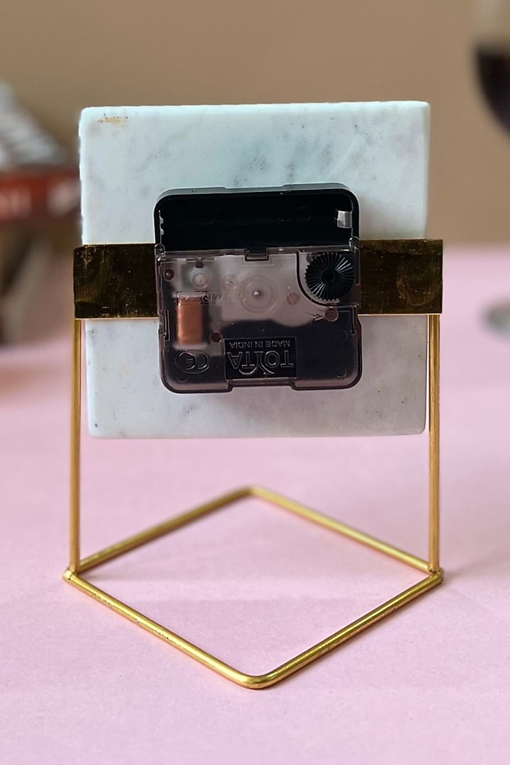 White Marble Square Desk Clock With Metal Stand by Home Jewels by Cotton Indya at Pernia's Pop Up Shop