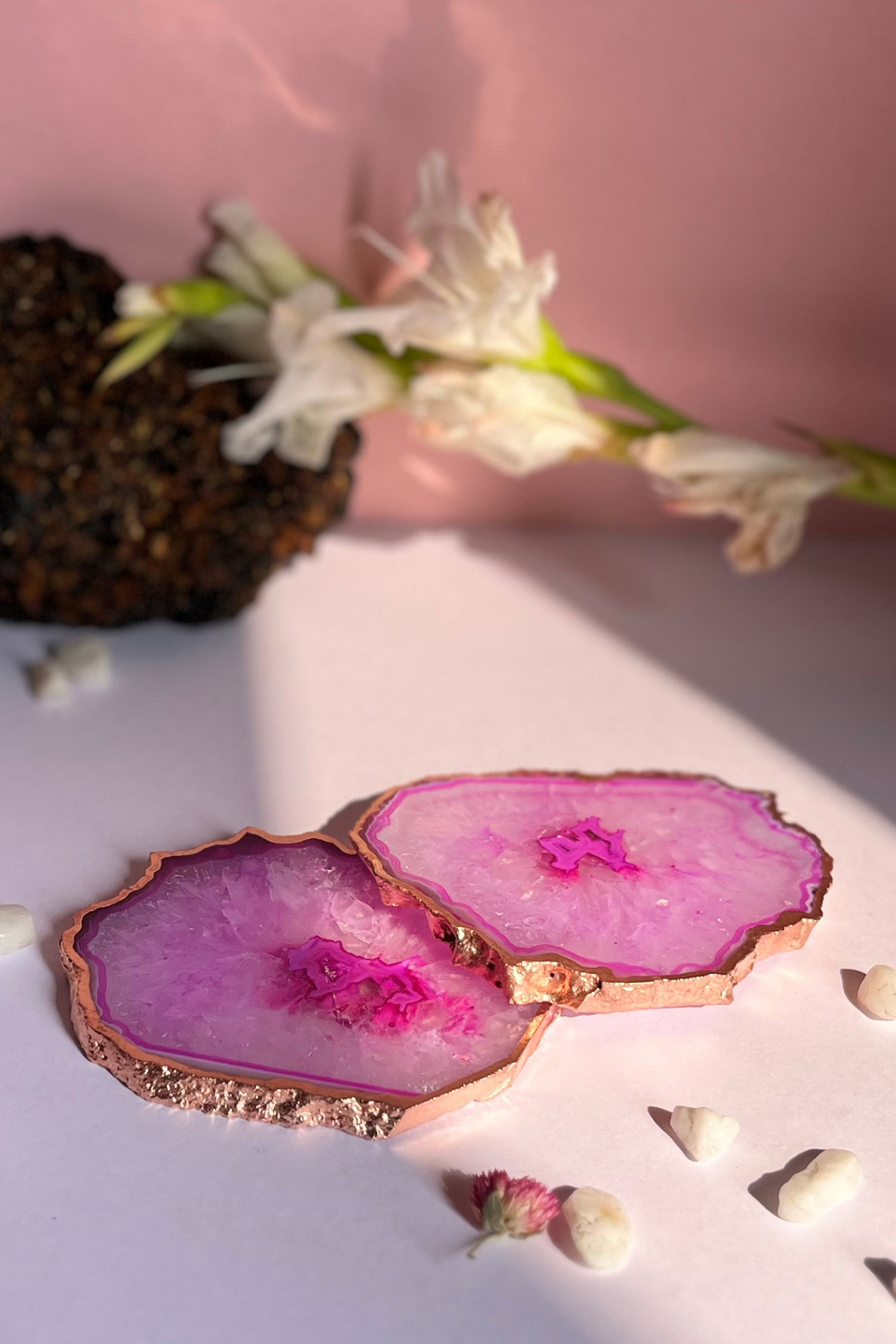 Pink Crystal Agate Rose Gold Plated Coasters (Set of 2) by Home Jewels by Cotton Indya at Pernia's Pop Up Shop