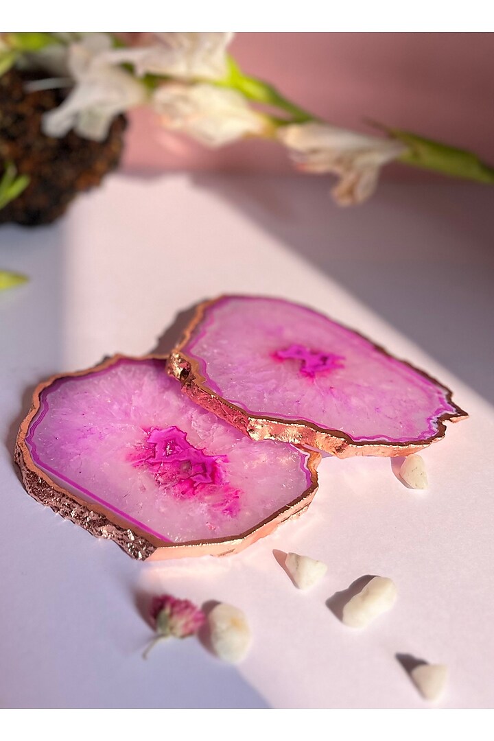 Pink Crystal Agate Rose Gold Plated Coasters (Set of 2) by Home Jewels by Cotton Indya at Pernia's Pop Up Shop