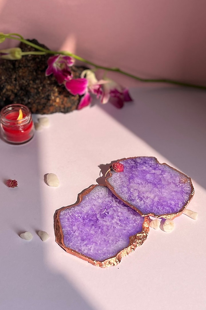 Purple Crystal Agate Rose Gold Plated Coasters (Set of 2) by Home Jewels by Cotton Indya