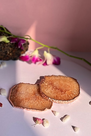 Brown Crystal Agate Rose Gold Plated Coasters (Set of 2) by Home Jewels by Cotton Indya