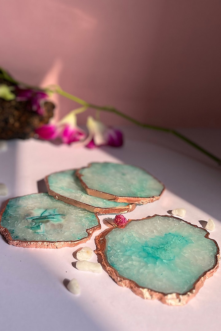 Green Crystal Agate Rose Gold Plated Coasters (Set of 4) by Home Jewels by Cotton Indya
