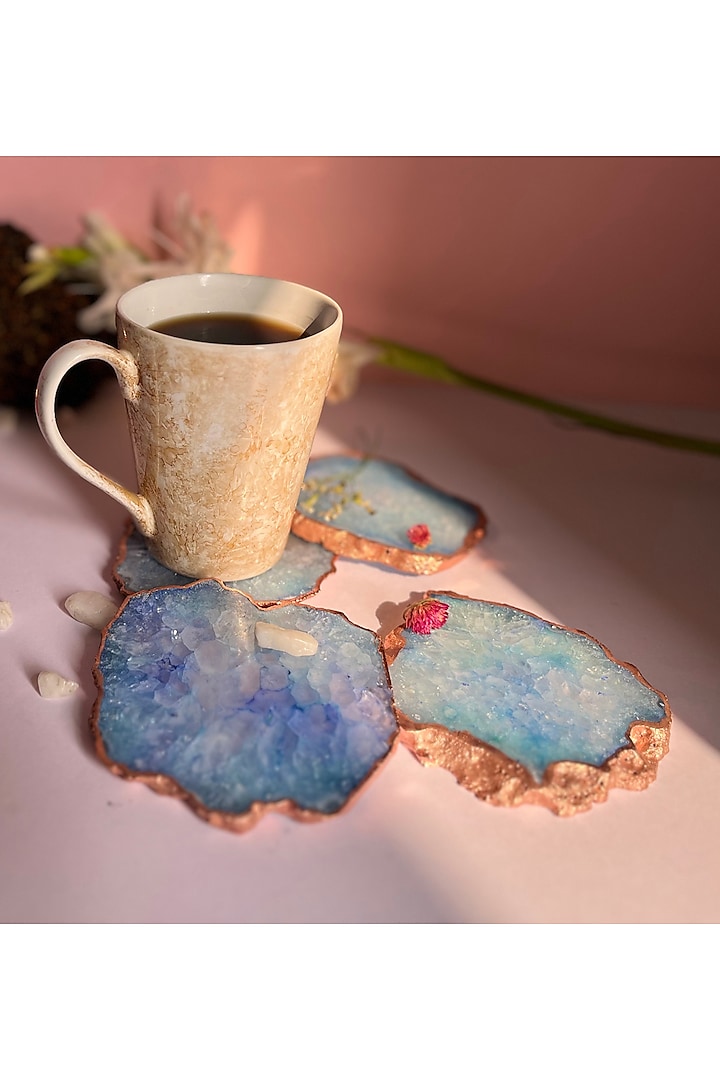 Blue Crystal Agate Rose Gold Plated Coasters (Set of 4) by Home Jewels by Cotton Indya