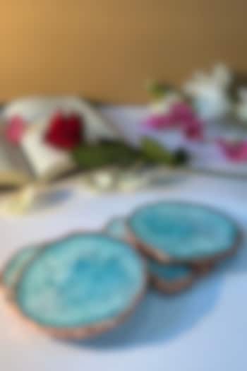 Turquoise Crystal Agate Rose Gold Plated Coasters (Set of 4) by Home Jewels by Cotton Indya