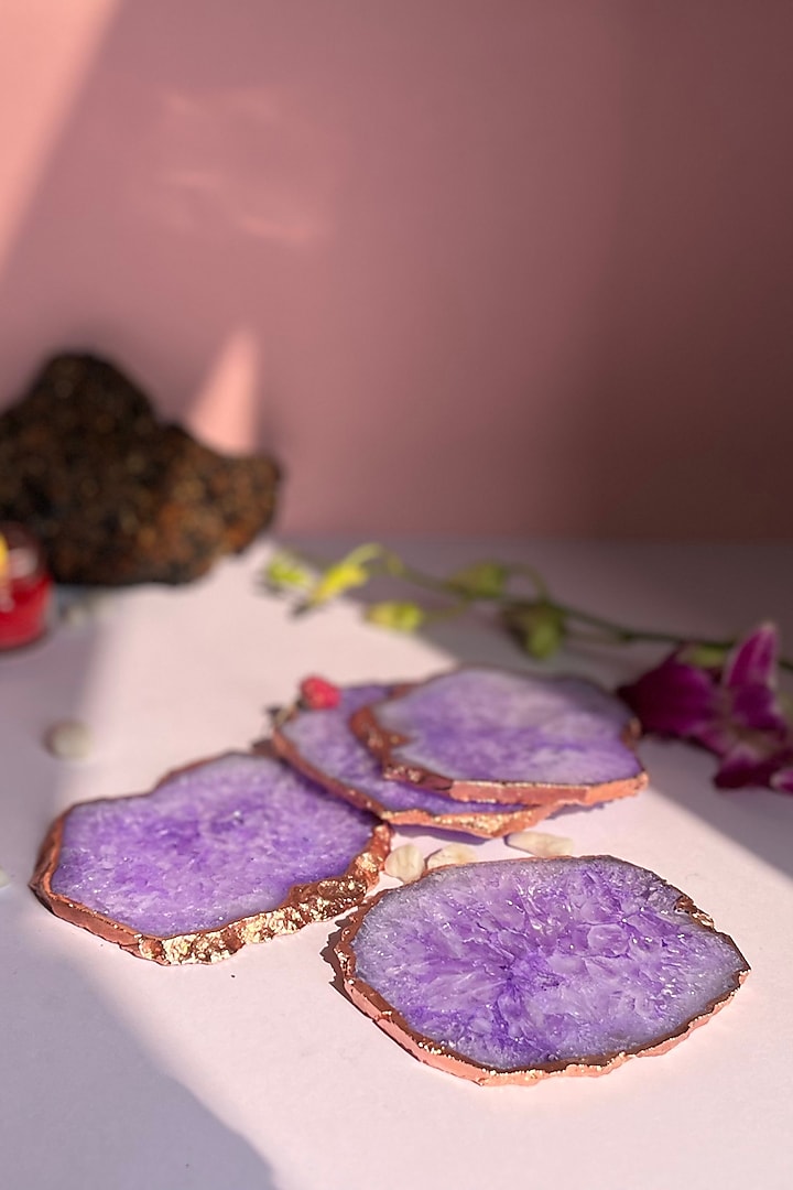 Purple Crystal Agate Rose Gold Plated Coasters (Set of 4) by Home Jewels by Cotton Indya