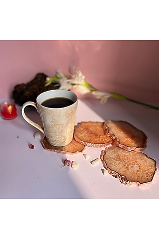 Brown Crystal Agate Rose Gold Plated Coasters (Set of 4) by Home Jewels by Cotton Indya