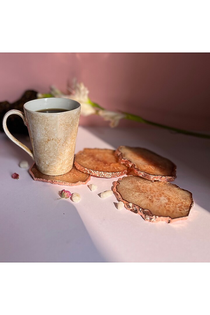 Brown Crystal Agate Rose Gold Plated Coasters (Set of 4) by Home Jewels by Cotton Indya at Pernia's Pop Up Shop