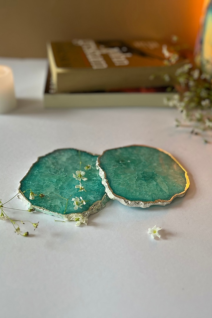Green Crystal Agate Silver Plated Coasters (Set of 2) by Home Jewels by Cotton Indya