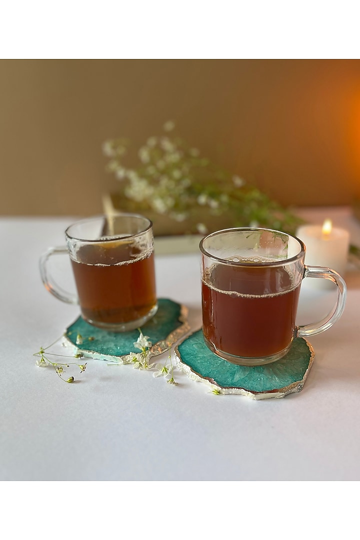 Green Crystal Agate Silver Plated Coasters (Set of 2) by Home Jewels by Cotton Indya at Pernia's Pop Up Shop