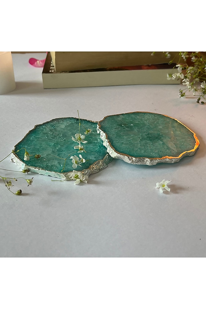Green Crystal Agate Silver Plated Coasters (Set of 2) by Home Jewels by Cotton Indya at Pernia's Pop Up Shop