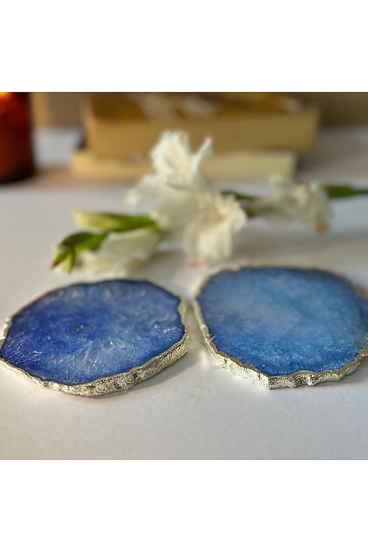 Blue Crystal Agate Silver Plated Coasters (Set of 2) by Home Jewels by Cotton Indya