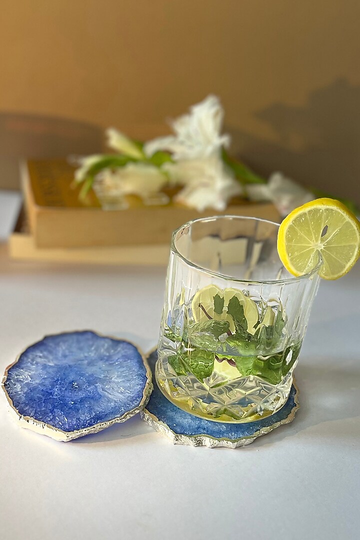 Blue Crystal Agate Silver Plated Coasters (Set of 2) by Home Jewels by Cotton Indya at Pernia's Pop Up Shop