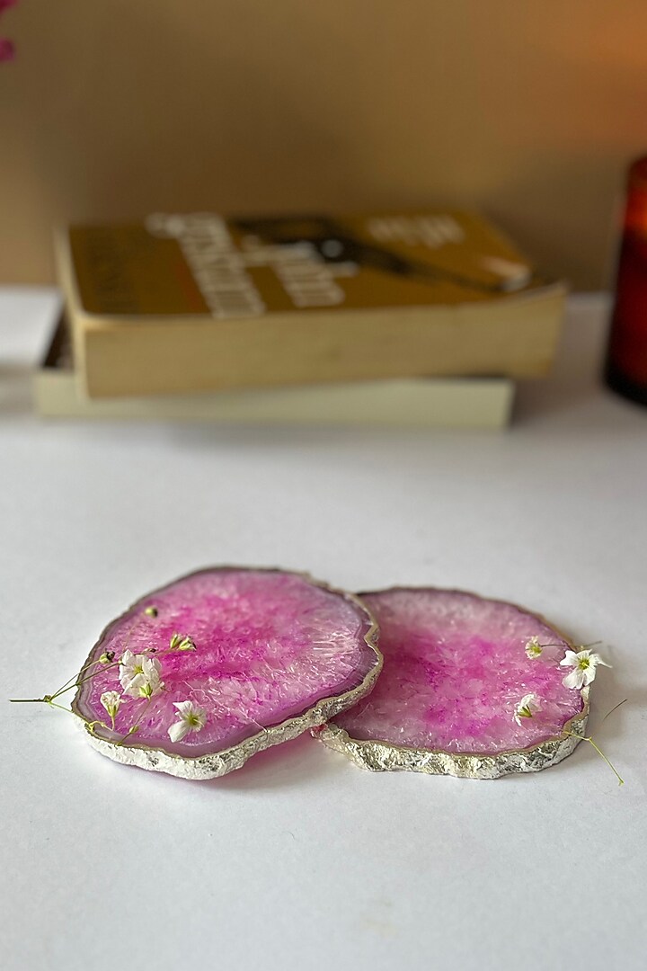 Pink Crystal Agate Silver Plated Coasters (Set of 2) by Home Jewels by Cotton Indya