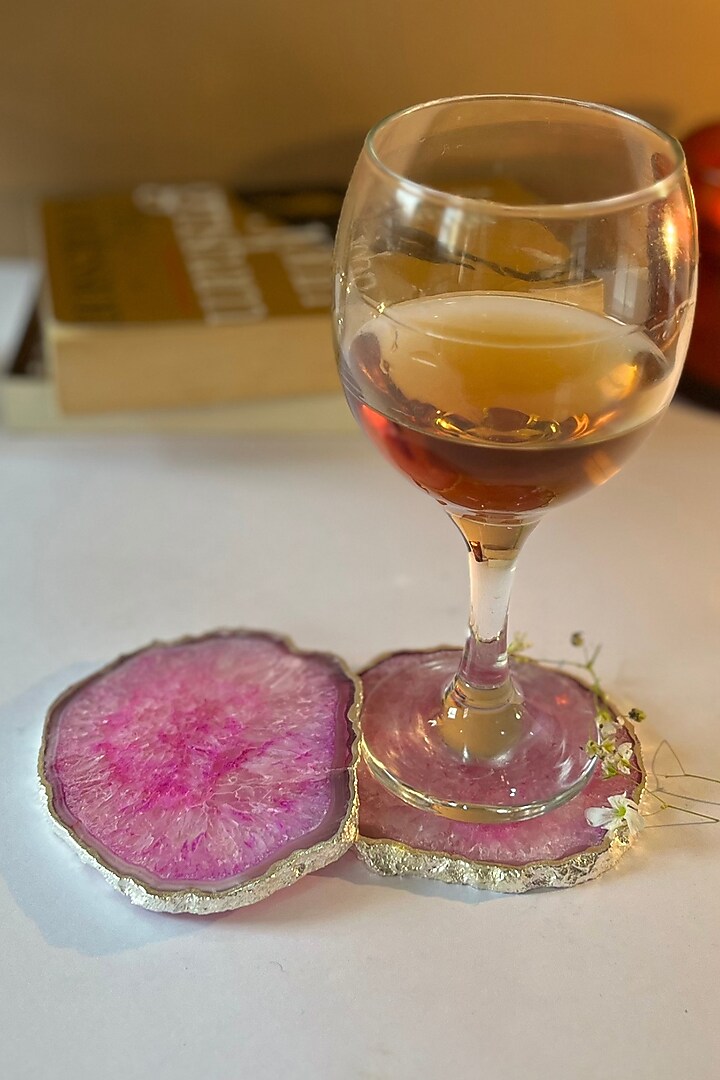 Pink Crystal Agate Silver Plated Coasters (Set of 2) by Home Jewels by Cotton Indya at Pernia's Pop Up Shop