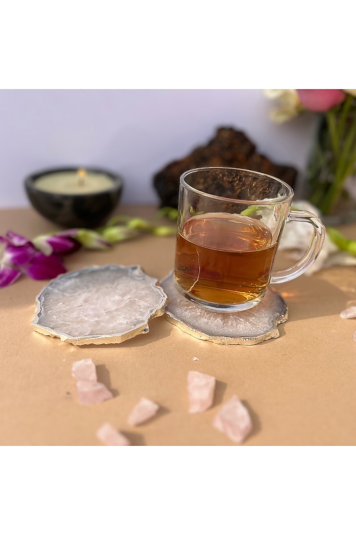 White Crystal Agate Silver Plated Coasters (Set of 2) by Home Jewels by Cotton Indya at Pernia's Pop Up Shop