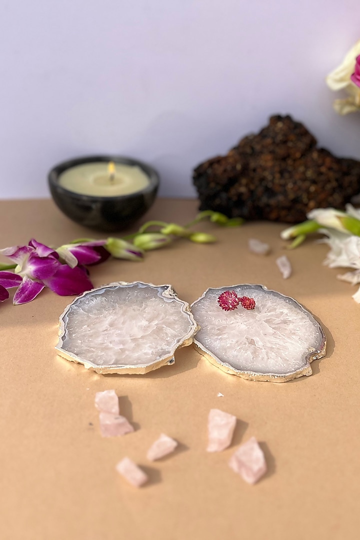 White Crystal Agate Silver Plated Coasters (Set of 2) by Home Jewels by Cotton Indya