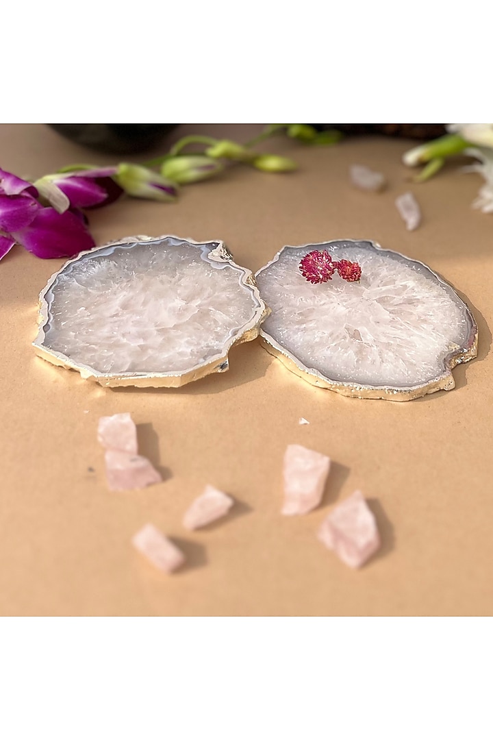 White Crystal Agate Silver Plated Coasters (Set of 2) by Home Jewels by Cotton Indya at Pernia's Pop Up Shop