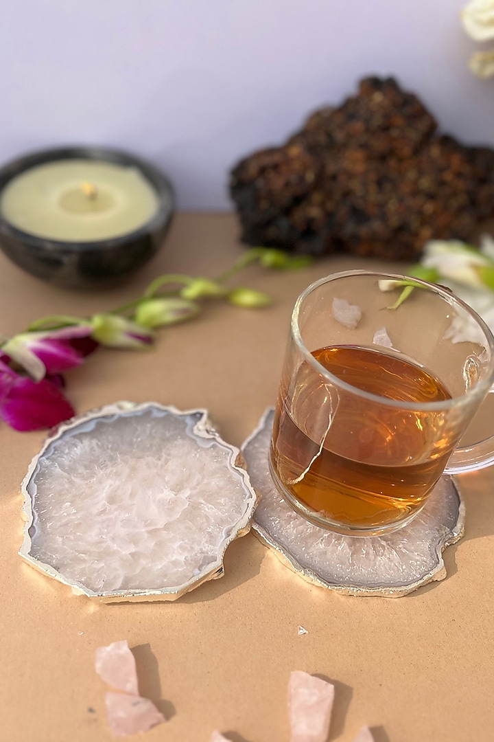 White Crystal Agate Silver Plated Coasters (Set of 2) by Home Jewels by Cotton Indya at Pernia's Pop Up Shop